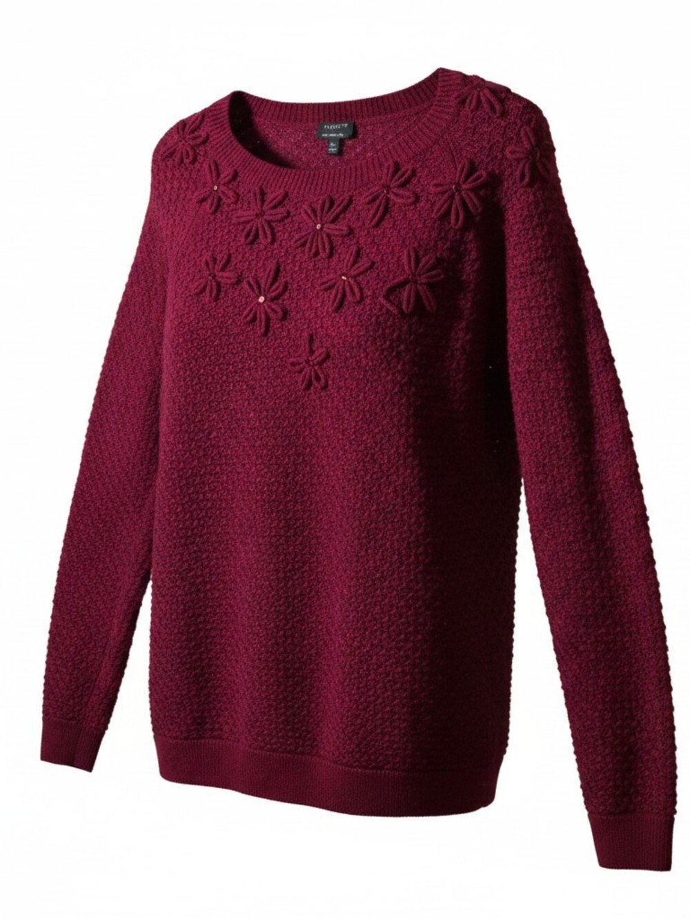 Talbots Burgundy Merino Wool Sweater Floral Applique Embellished Knit Pullover